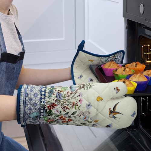 Country Wildflower Oven Mitts and Pot Holders Set (Retro Wildflowers / Oven Mitt x2 & Pot Holder x2)