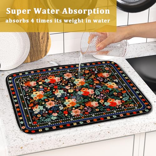 Black Flowers Dish Drying Pad Boho Floral Washable Microfiber Kitchen Mat for Home Decor (Boho Floral Black / 18" x 16")