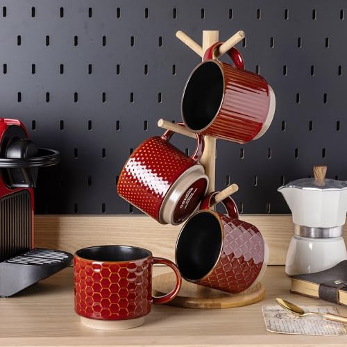 12 OZ Stackable Coffee Mugs Set of 4 (Rythmic Red / 12 Ounces)