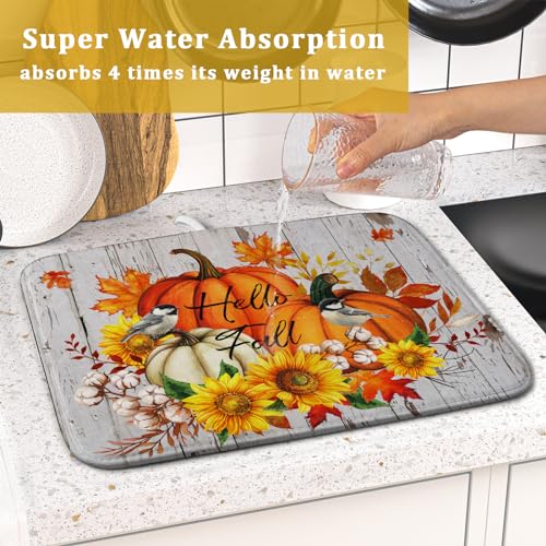 Hello Fall Dish Drying Mat for Kitchen Counter 16x18 Inch Orange Pumpkin Absorbent Drying Pad with Hanging Loop Autumn Home Decoration (Hello Fall Pumpkin / 16" x 18")