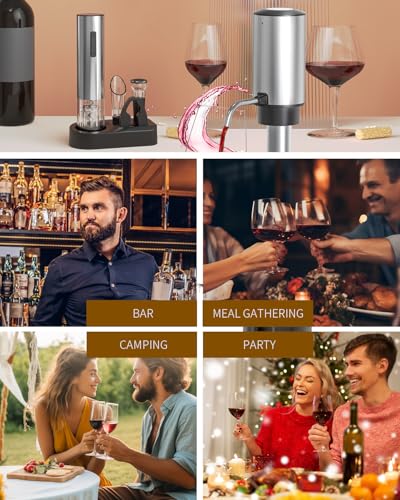 6-in-1 Electric Wine Opener Set Rechargeable Stainless Steel Wine Opener Gift Set with Foil Cutter, Rechargeable & Manual Wine Aerator Pourers, Vacuum Wine Stopper and Storage Base, Silver (6 Count)
