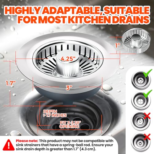 3 in 1 Kitchen Sink Drain Strainer and Stopper Brushed Silver (2pack / Silver Silver)