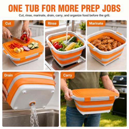 BBQ Prep Tub 16L Orange Collapsible Wash Basin with Drain Plug (Orange / X-Large)