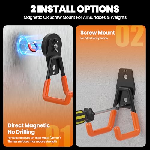 4 Pack Large Heavy Duty Magnetic Hook Extra Strong Magnetic Garage Hooks Big NdFeB Industrial Magnet Hooks Magnetic Utility Storage Holder Organization with Anti (1.6" Magnet-4 Pack-Orange)