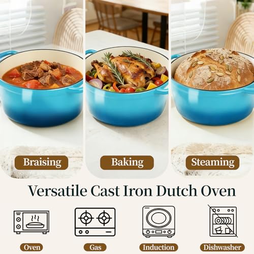 Enameled Cast Iron Dutch Oven pot 6.5 QT with Lid for Bread Baking (Sea Blue)