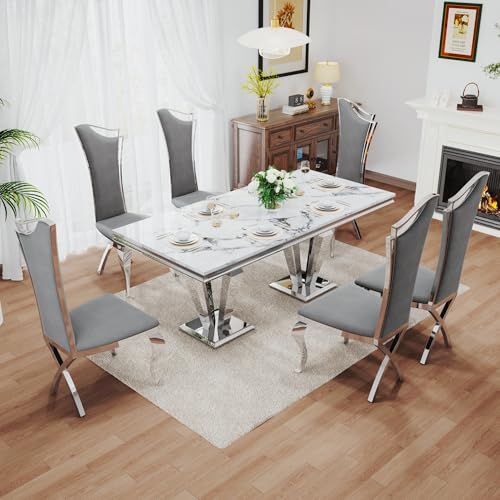 7 Piece Luxury Dining Room Set (Silver White + Grey / Dining Table + 6 High Back Chairs)