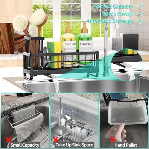 Sponge Holder for Kitchen Sink (Black-Large / with Dishcloth Holder)