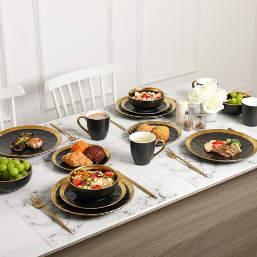 Ceramic Salad Bowls Set for Kitchen (Black with Golden)