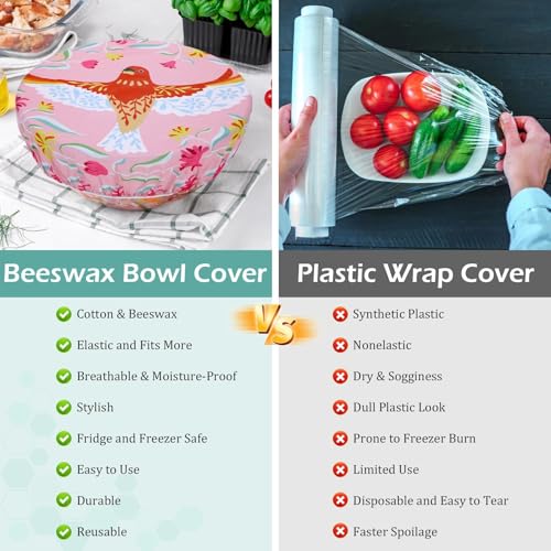 5Pcs Reusable Beeswax Elastic Bowl Covers for Bread Proofing and Food Cover (Floral Bird)