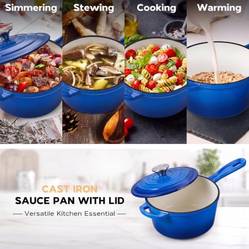 3QT Saucepan Enameled Cast Iron Sauce Pan Pot (Deep Blue / 3 Quarts)