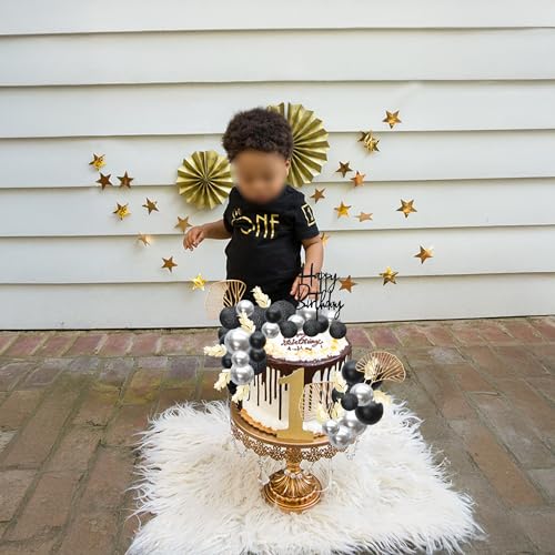 57Pcs Balls Cake Topper Boho Grass Cake topper Pearl Balls Acrylic Happy Birthday Cake Decorations for Wedding Baby Shower Birthday Boho Themed Party Supplies Black Silver (Black Silver)
