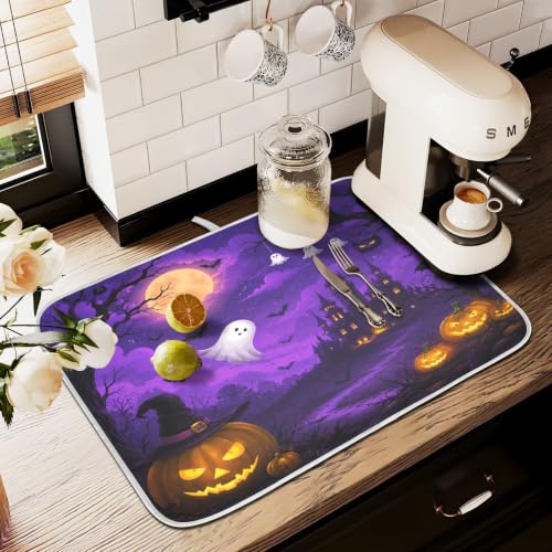 Halloween Scary Night Pumpkin Lanterns Purple Castle Dish Drying Mat for Kitchen Counter Absorbent Microfiber Large Drying Pad Dish mats for Kitchen Countertops 18 x 24 Inch (Halloween Scary Night / 24" x 18")