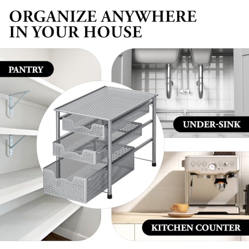 Stackable 3 Tier Sliding Basket Organizer Drawer (3-Tier / Silver)