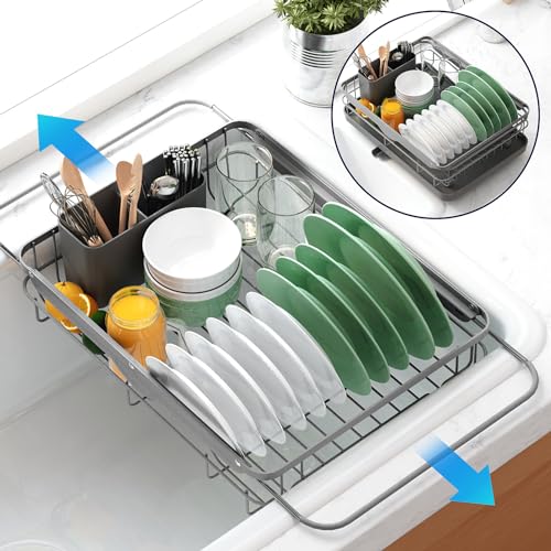 Dish Drying Rack for Kitchen Counter (Gray / 12.2''W x 15.7''~23''L - 1 Tier)