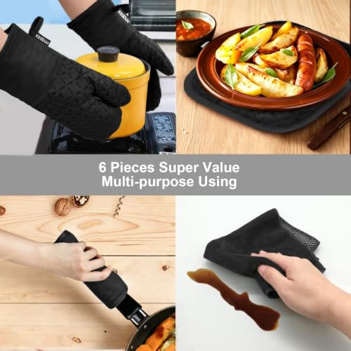 Oven Mitts and Pot Holders 6pcs Set (Black)