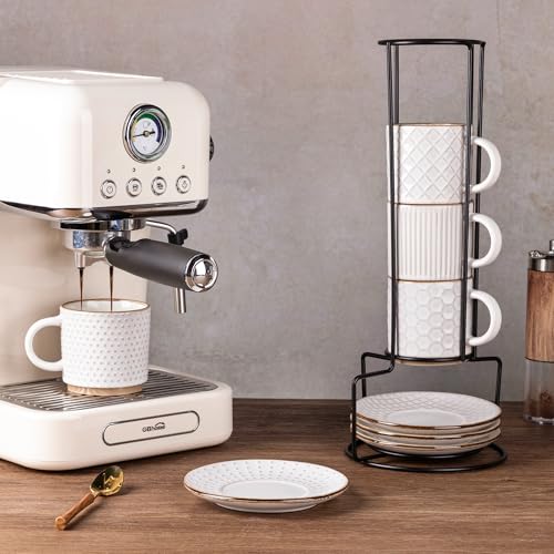 6 OZ Coffee Mugs with Saucer and Stand (Off-White / 6 Ounce (With Stand))