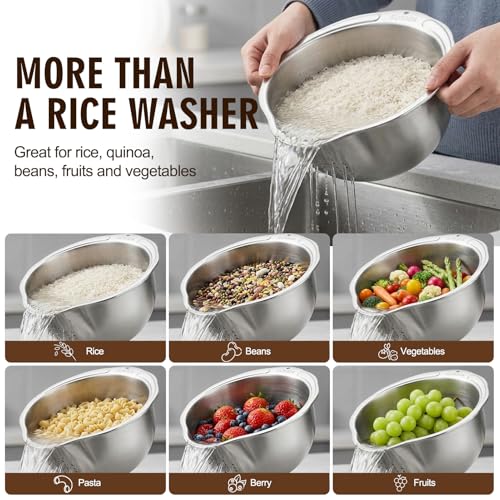 Rice Strainer & Rice Washing Bowl Stainless Steel (5.6 Qt Rice Strainer)