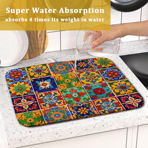 Mexican Tiles Dish Drying Mat for Kitchen Counter Absorbent Microfiber Dish Drying Pad Kitchen Gadgets Multi (Mexican Tiles Blue / 18" x 16")