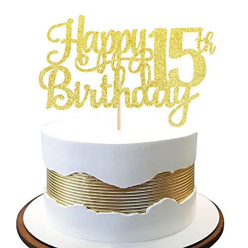 1 PCS Happy 15th Birthday Cake Topper Gold Glitter Cheers to 15 Years Birthday Cake Pick Mis Quince 15 Fabulous Cake Decoration for Happy 15th Birthday Theme Party Decorations Supplies (Gold / 15th)