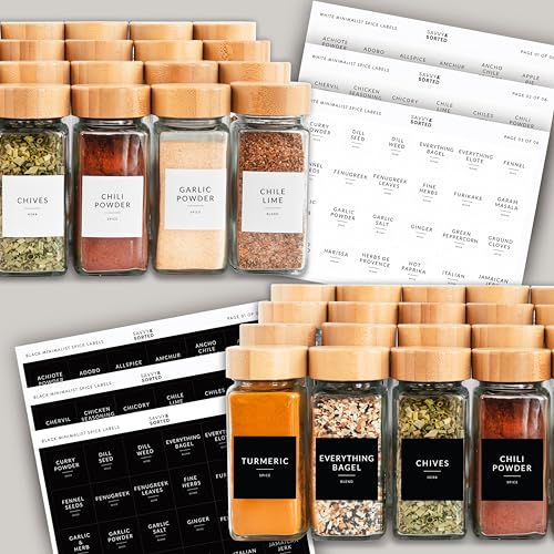 Glass Spice Jars with Label (Square Spice Jars with Bamboo Lids)