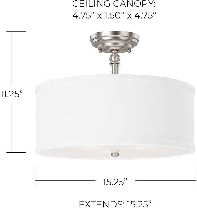 Capital Lighting 3923MN-480 Loft White Fabric Drum Semi Flush Ceiling Light Fixture, 3-Light 180 Total Watts, 11" H x 15" W, Matte Nickel