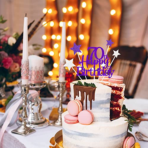 Purple Silver 70th Birthday Cake Topper with Glittery Stars (7 Count)