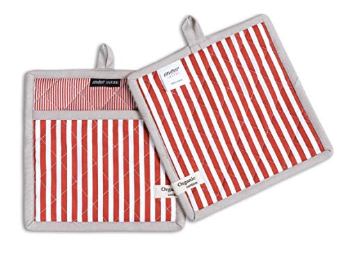 Striped Pot Holders and Oven Mitts Heat Resistant Non Slip Reusable Set of 1 Oven Mitt and 1 Pot Holder Oven Gloves Pot Holder for Cooking (7x13 inches & 8x8 inches / Stripe Rust)