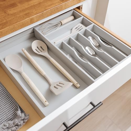 Silverware & Utensil Drawer Organizer (Gray Bamboo / From 10.5" to 19" Wide)