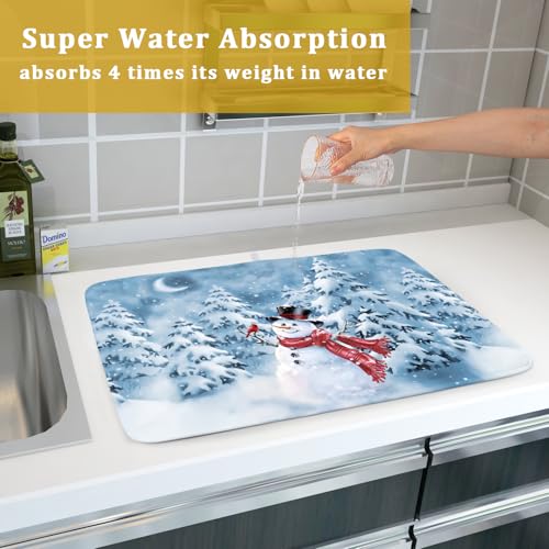 Blue Snowman Dish Drying Mat Winter Pine Tree Drainer Rack Mats 18x24 Inch Absorbent Fast Dry Dish Pad Protector Kitchen Counter Accessories (Winter Blue Snowman / 18" x 24")