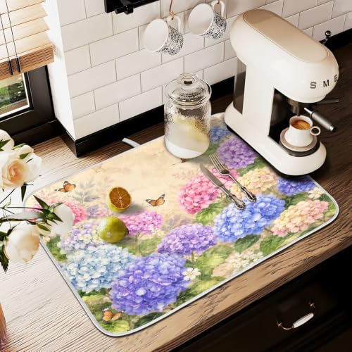 Vintage Flowers Spring Summer Dish Drying Mat for Kitchen Counter Absorbent Microfiber Hydrangea Butterfly Large Drying Pad Dish mats for Kitchen Countertops 18 x 24 Inch (Spring Vintage Flowers / 24" x 18")