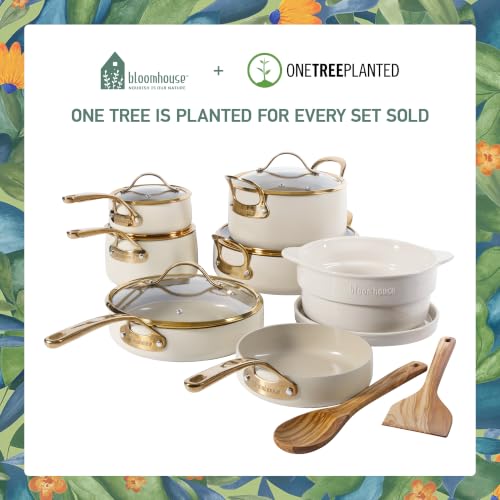 15 Piece Ceramic Nonstick Cookware Set (Almond Cream w/ Gold Handle / 15-Piece Cookware Set)