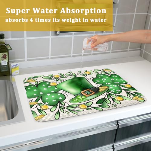 St Patrick's Day Shamrock Dish Drying Mat 18x24 inch Eucalyptus Leaves Dishes Pad Dish Drainer Mats Absorbent Fast Dry Kitchen Accessories (Shamrock Leaves / 18" x 24")
