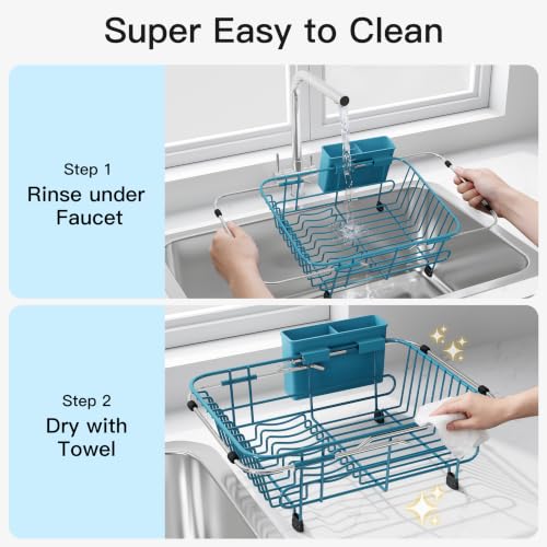 Blue Dish Drying Rack in Sink with Utensil Holder (Blue / For 10"-12"w Sink)
