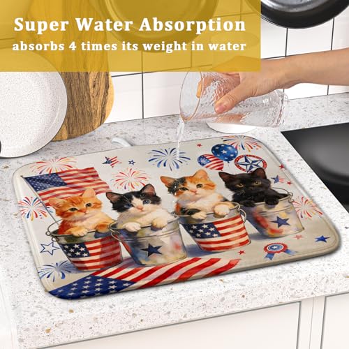 Happy 4th of July Patriotic Dish Drying Mat 16 x 18 In Independence Day Vintage Kitchen Drying Mat (Patriotic Cat White / 18" x 16")