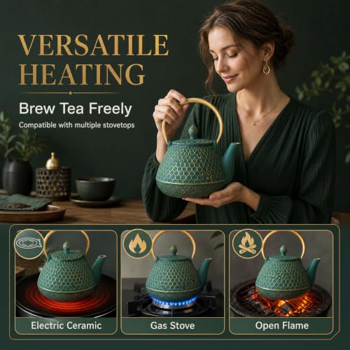 54oz Cast Iron Tea Kettle for Stovetop (54oz Dark Green Hexagon Pattern)
