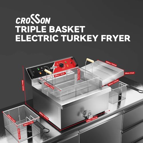 24Lbs Electirc Triple Basket Turkey Fryer With Oil Drain Spout (Tripple Basket,24L)