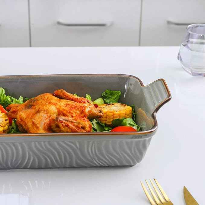 KOOV Bakeware Set, Ceramic Baking Dish Set, Rectangular Casserole Dish Set, Lasagna Pans for Cooking, Cake Dinner, Kitchen, 9 x 13 Inches, Texture Series 3-Piece (Grey)