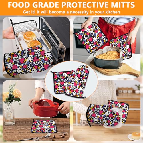 Paw Prints Oven Mitts and Bones Hearts Pot Holders Sets 4Pcs (Paw Prints)