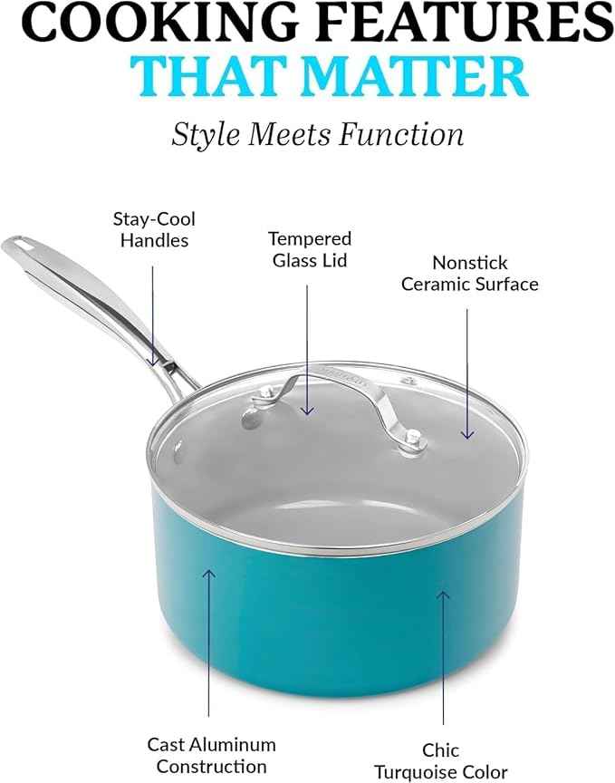 GOTHAM STEEL 15 Pc Ceramic Cookware Set, Ceramic Pots and Pans Set Non Stick with Cooking Utensils and Steamer, Non Toxic PFOA PFOS Free, Premium Stay Cool Handles, Oven & Dishwasher Safe, Blue
