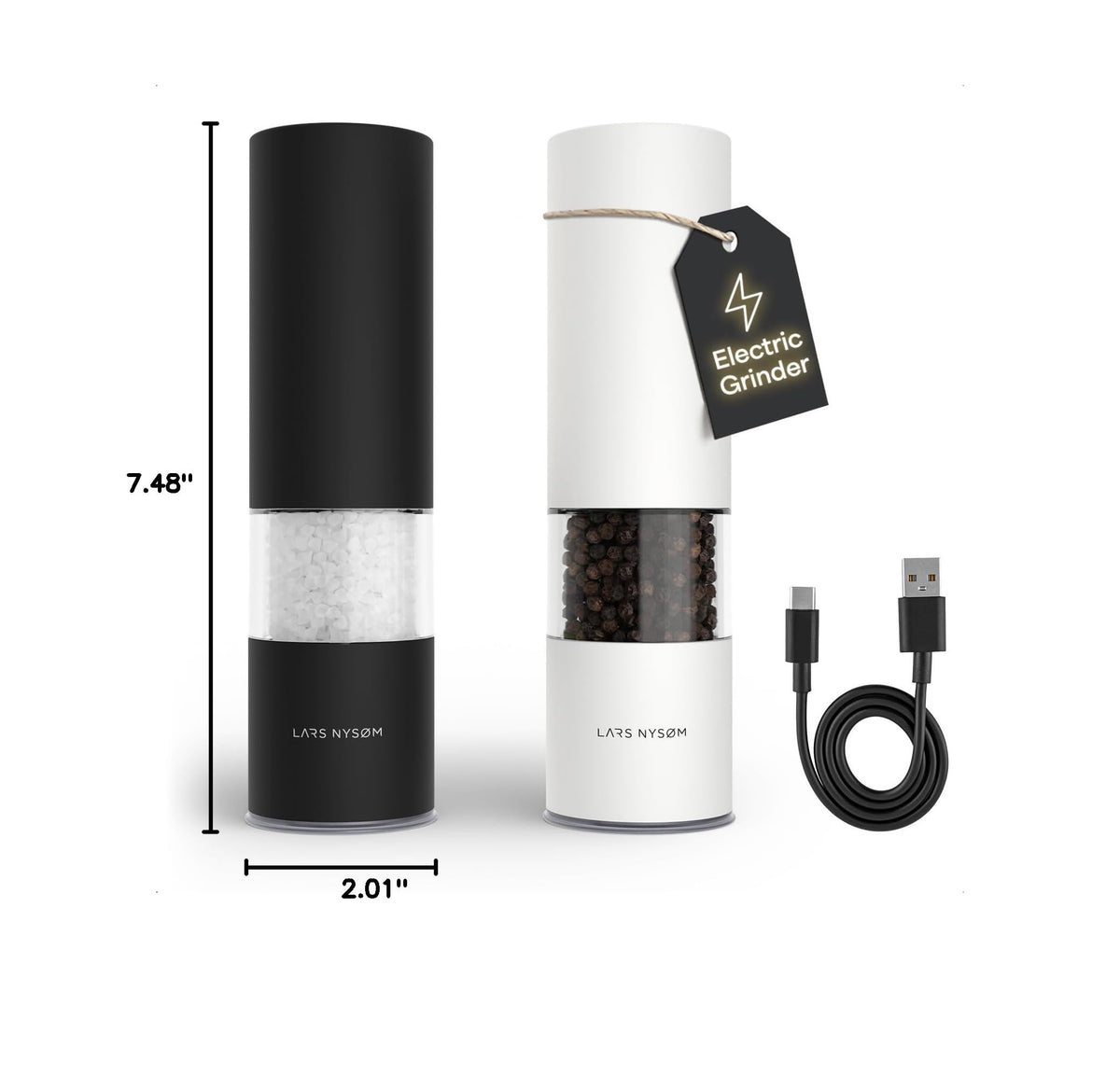 Electric Salt and Pepper Grinder Set (Carbon Black / Pure White / Set of two electric mills)