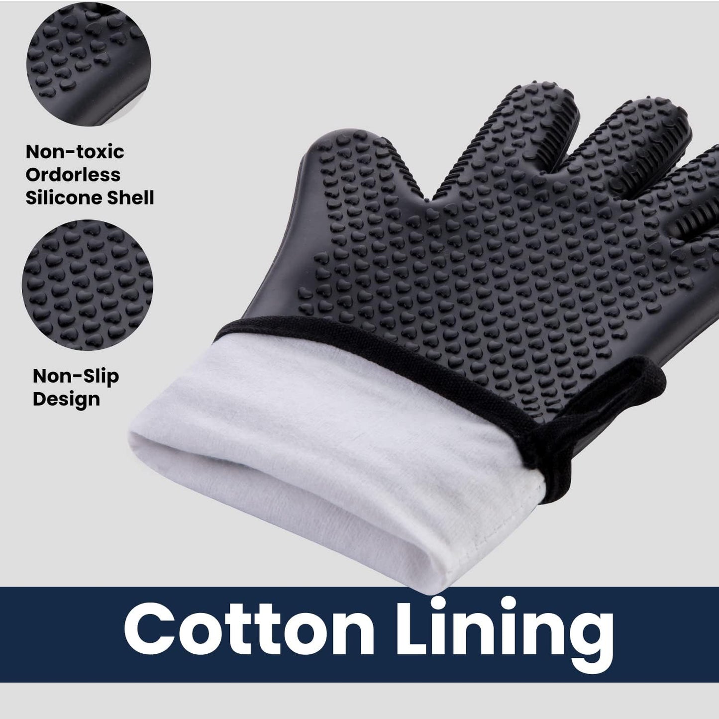 GEEKHOM BBQ Gloves X-Large, Heat Resistant Kitchen Silicone Oven Mitts, Waterproof Oven Gloves, BBQ Grill Accessories for Baking, Fryer, Smoker, Weber, Pizza, Microwave, Non-Slip, Black