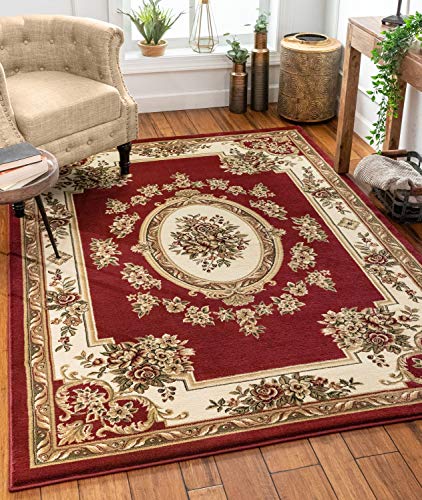 Pastoral Medallion Red French European Formal Traditional Area Rug (5'3" x 7'3" (Rectangular) / Red)
