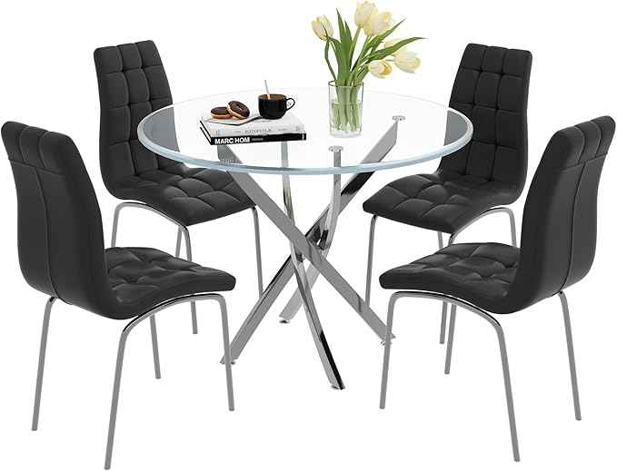 5 Piece Round Glass Dining Table Set, Round Tempered Glass Kitchen Table Set for 4, Modern Table Set with 4 High-Back Upholstered Chairs for Kitchen Dining Room (Silver Legs, 4 Black Chairs)