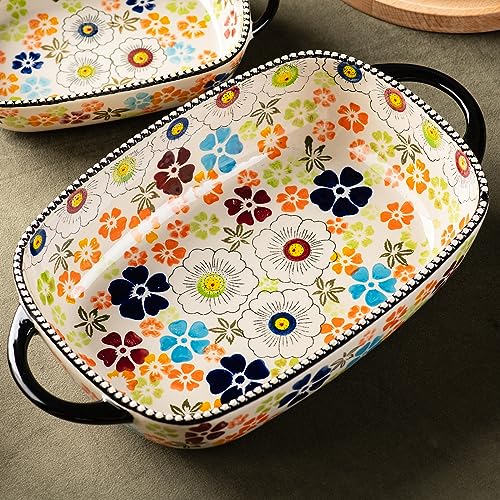 Retro pastoral style Ceramic Baking Dish Rectangular Bakeware Set Baking Pan (Green Traces)