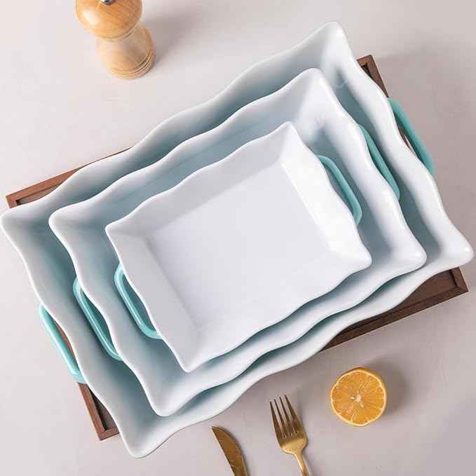 Sweejar Casserole Dishes for Oven, Ceramic Bakeware Set of 3, Rectangular Baking dish with Handles, Wave Edge Lasagna Pan Deep for Cooking, Cake, Dinner, Banquet and Daily Use (White)