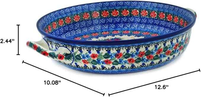 Polmedia Polish Pottery Round Baker with Handles 10-inch UNIKAT - Blue Escape Pattern Handmade in Boleslawiec Poland by Ceramika Artystyczna + Certificate of Authenticity