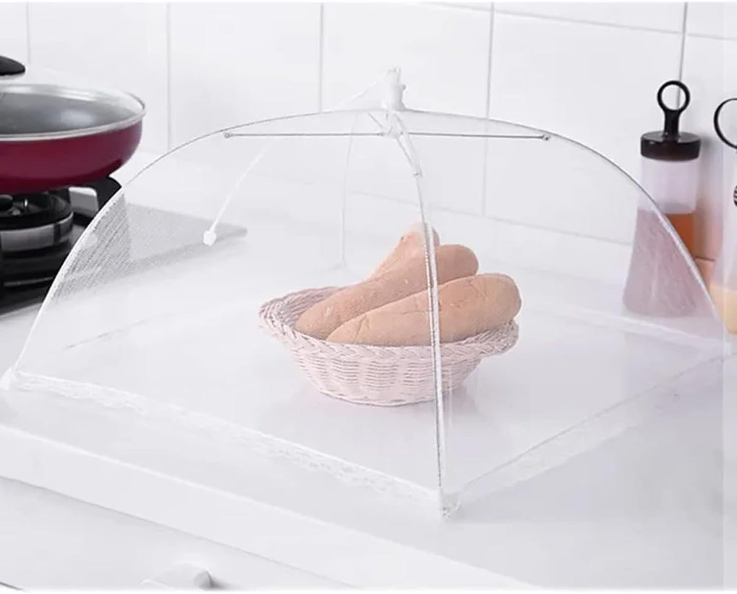 Simply Genius Pop-Up Outdoor Food Covers to Keep Bugs Away - 14 x 14 in, 4 Pack, White - Mesh Food Covers for Picnic & BBQ - Portable Nets for Outside
