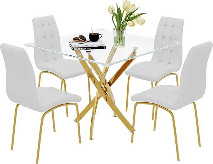 5 Piece Square Glass Dining Table Set, Round Tempered Glass Kitchen Table for 4, Modern Table with 4 High-Back Upholstered Chairs for Kitchen Dining Room (Gold Legs, 4 White Chairs)
