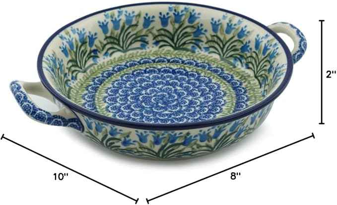 Polish Pottery Round Medium Baker with Handles (Feathery Bluebells) made by Ceramika Artystyczna