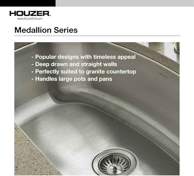 Houzer MH-3200 Medallion Gourmet Series Undermount Stainless Steel Offset Single Bowl Kitchen Sink